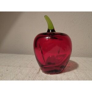 VTG Rainbow Art Glass Red Apple Paperweight Hand Blown Green Stem MCM Numbered